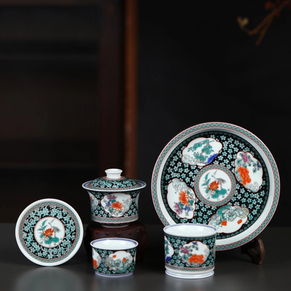 Jingdezhen Ink Ground Ice Plum Gongfu Tea Set – 5-Piece Gift Box