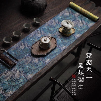 Chinese Double-Sided Brocade Peacock Feather Table Runner – Tea Ceremony Cloth | Blue & Gold (4 Sizes)