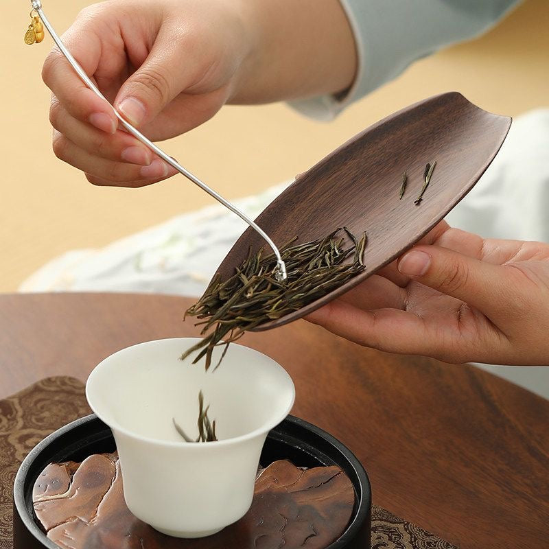Wood Tea Scoop & Metal Tea Pick Set with Charm – 3 Wood Varieties (Ebony / Walnut / Rosewood)