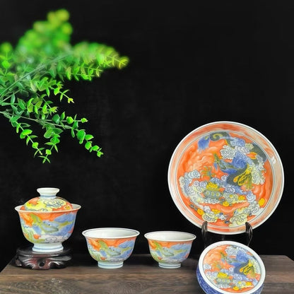 Jingdezhen Wucai Treasure Bowl Gongfu Tea Set – Five-Colour Porcelain | 5-Piece