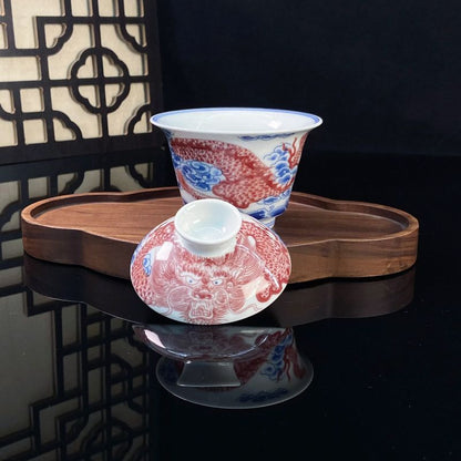Jingdezhen Antique-Style Underglaze Red Twin Dragon Gongfu Tea Set – Vintage Porcelain | 5-Piece