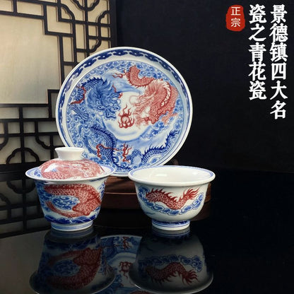 Jingdezhen Antique-Style Underglaze Red Twin Dragon Gongfu Tea Set – Vintage Porcelain | 5-Piece