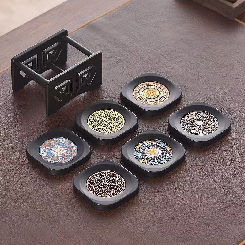 Chinese Pattern Heat-Resistant Tea Cup Coasters – Set of 6 Mixed Designs with Display Stand