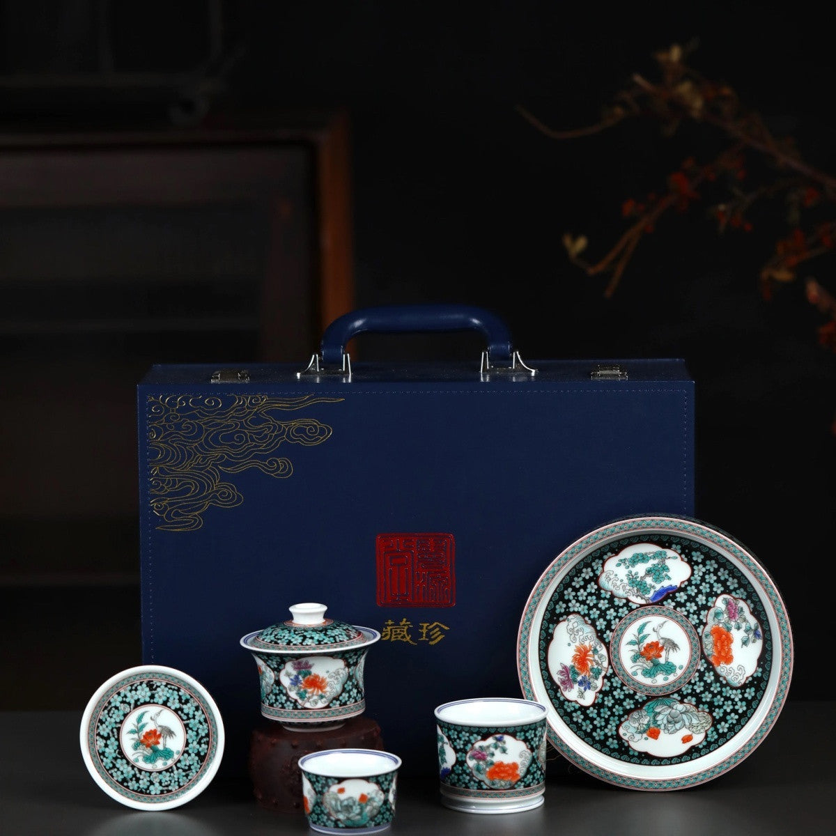 Jingdezhen Ink Ground Ice Plum Gongfu Tea Set – 5-Piece Gift Box