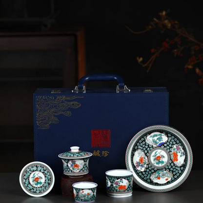 Jingdezhen Ink Ground Ice Plum Gongfu Tea Set – 5-Piece Gift Box
