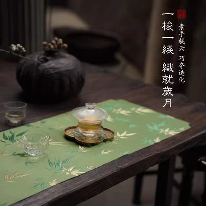 Chinese Double-Sided Brocade Bamboo Table Runner – Tea Ceremony Cloth | Green & Gold Bamboo (4 Sizes)