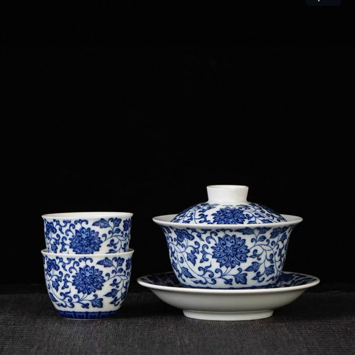 Jingdezhen Blue and White Lotus Scroll Gaiwan Tea Set