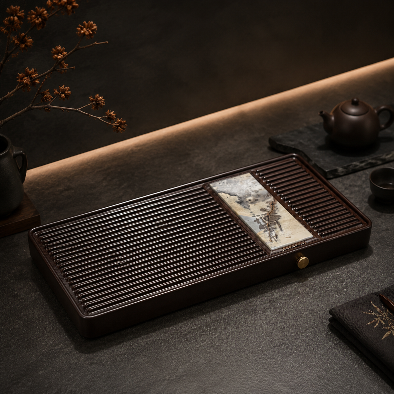 Luxury Natural Stone Tea Tray | 32-Count Cotton Bakelite Board | Wet & Dry Brewing | Premium Custom Edition