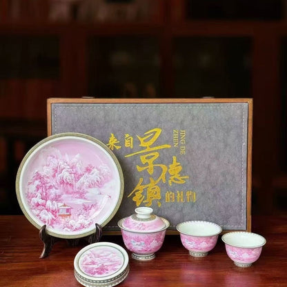 Jingdezhen Carmine Red Snow Landscape Gongfu Tea Set – Yanzhihong | Gift Box | 5-Piece