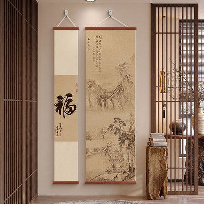Chinese Ink Art Wall Scroll Set – Narrow & Wide | Tea Room Wall Decor Hanging Painting