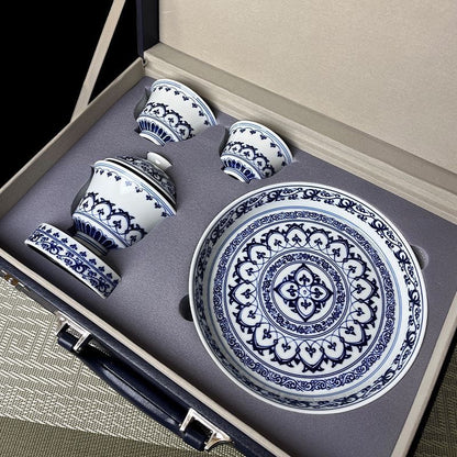 Jingdezhen Blue & White Baoxianghua Gongfu Tea Set – Horseshoe Cups | Gift Box | 5-Piece