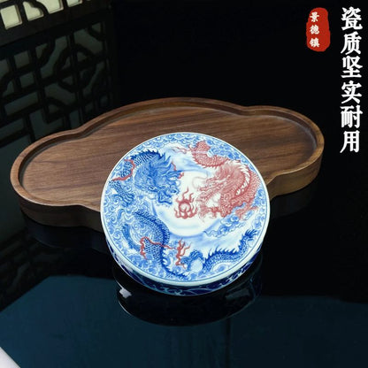 Jingdezhen Antique-Style Underglaze Red Twin Dragon Gongfu Tea Set – Vintage Porcelain | 5-Piece