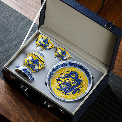Jingdezhen Imperial Dragon Blue & White Porcelain Gongfu Tea Set – 5-Piece Gift Box | Qicheng Tang
