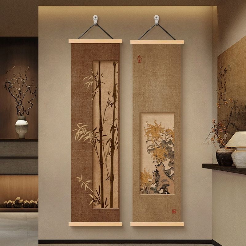 Four Gentlemen Chinese Hanging Scroll Painting – Plum, Orchid, Bamboo & Chrysanthemum | 30×120cm