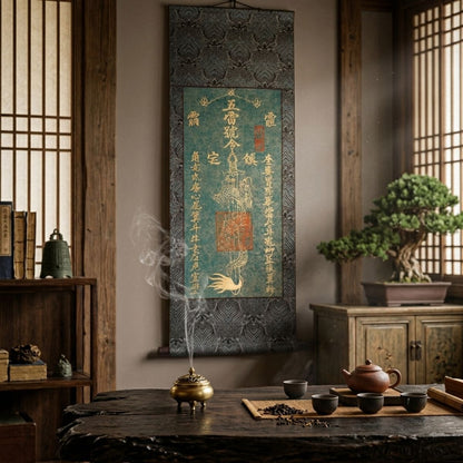 Dragon Sword & Five Thunder Hand-Painted Taoist Wall Scroll | Home Protection Art | Tea Room Decor