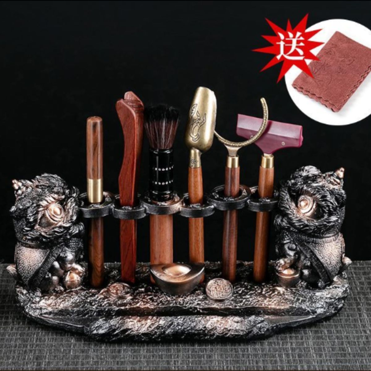 Lion Guardian Tea Ceremony Set - 6-Piece Gongfu Tea Tool Kit with Multi-Function Stand