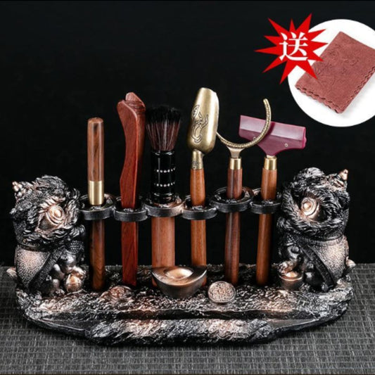 Lion Guardian Tea Ceremony Set - 6-Piece Gongfu Tea Tool Kit with Multi-Function Stand