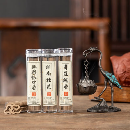 Antique Crane & Lotus Hanging Incense Burner Gift Set – Alloy Burner + 3 Varieties of Natural Incense (42 Pieces Each)