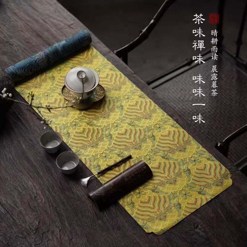 Chinese Double-Sided Brocade Peacock Feather Table Runner – Tea Ceremony Cloth | Blue & Gold (4 Sizes)
