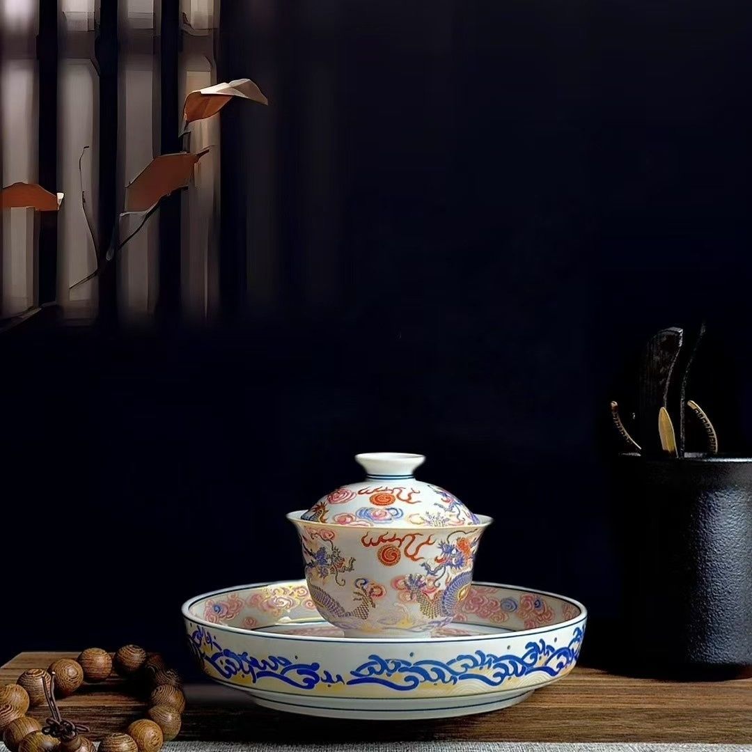 Jingdezhen Famille Rose Twin Dragon & Pearl Gongfu Tea Set – Fencai Porcelain | 5-Piece