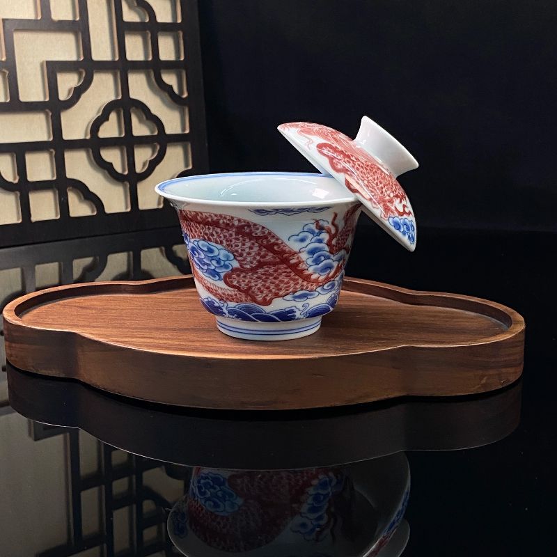 Jingdezhen Antique-Style Underglaze Red Twin Dragon Gongfu Tea Set – Vintage Porcelain | 5-Piece