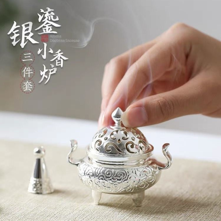 Silver-Gilded Alloy Incense Burner 3-Piece Set – Burner, Tower Incense Mold & Spoon