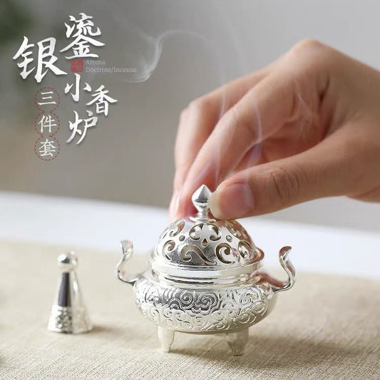 Silver-Gilded Alloy Incense Burner 3-Piece Set – Burner, Tower Incense Mold & Spoon
