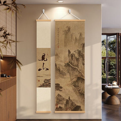 Chinese Ink Art Wall Scroll Set – Narrow & Wide | Tea Room Wall Decor Hanging Painting