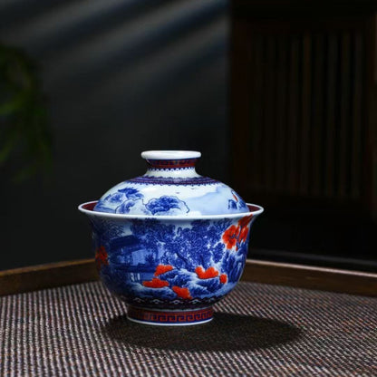 Jingdezhen Blue & White Underglaze Red Jiangnan Landscape Gongfu Tea Set – Master-Painted | Luxury Gift Box | 5-Piece