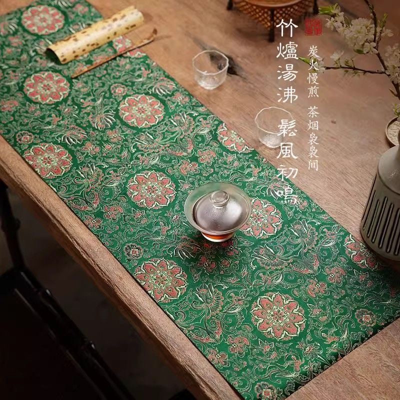 Chinese Double-Sided Brocade Lotus Table Runner – Tea Ceremony Cloth | Deep Green & Lake Blue (4 Sizes)