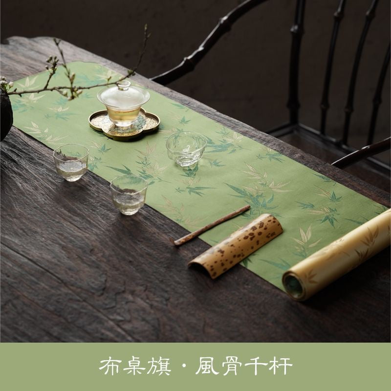 Chinese Double-Sided Brocade Bamboo Table Runner – Tea Ceremony Cloth | Green & Gold Bamboo (4 Sizes)