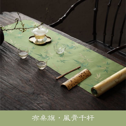 Chinese Double-Sided Brocade Bamboo Table Runner – Tea Ceremony Cloth | Green & Gold Bamboo (4 Sizes)