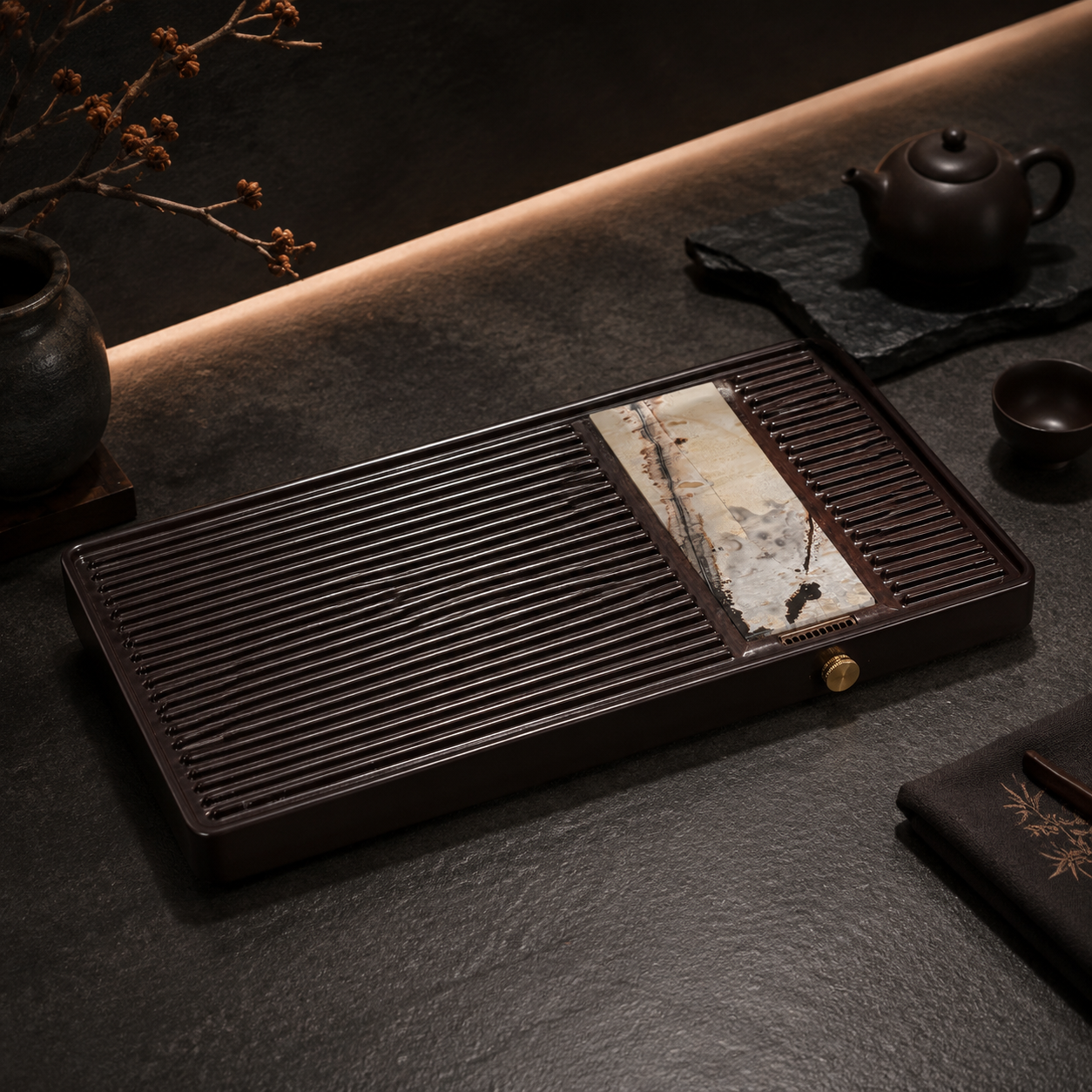 Luxury Natural Stone Tea Tray | 32-Count Cotton Bakelite Board | Wet & Dry Brewing | Premium Custom Edition
