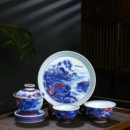 Jingdezhen Blue & White Underglaze Red Jiangnan Landscape Gongfu Tea Set – Master-Painted | Luxury Gift Box | 5-Piece