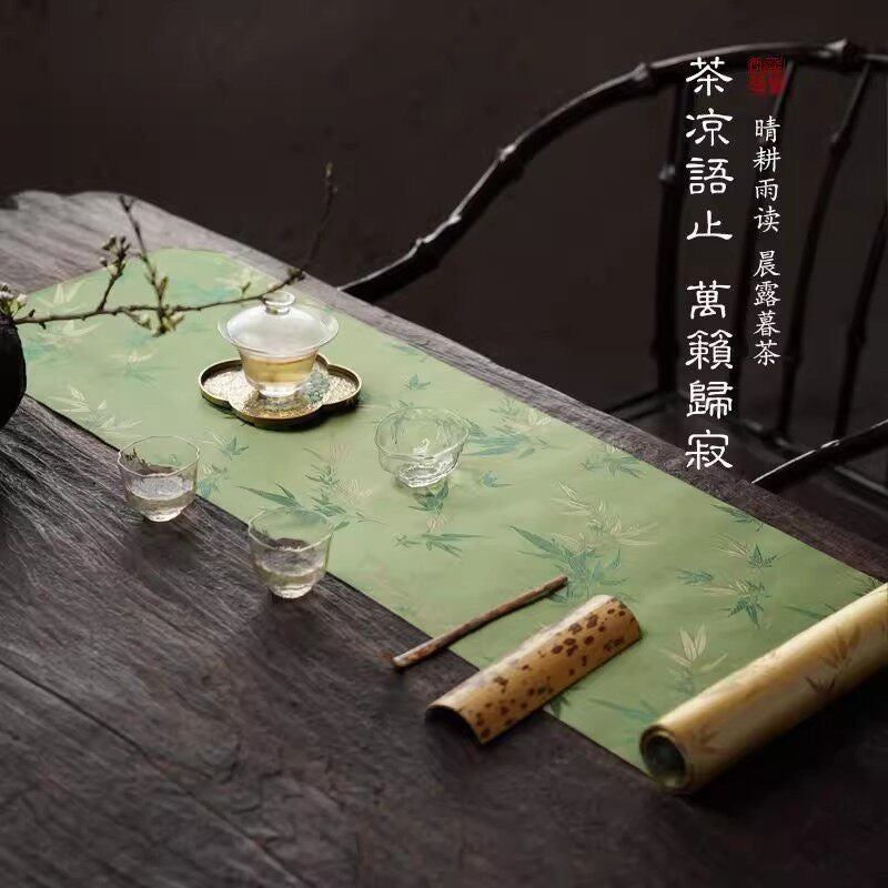 Chinese Double-Sided Brocade Bamboo Table Runner – Tea Ceremony Cloth | Green & Gold Bamboo (4 Sizes)