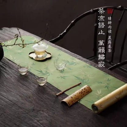 Chinese Double-Sided Brocade Bamboo Table Runner – Tea Ceremony Cloth | Green & Gold Bamboo (4 Sizes)