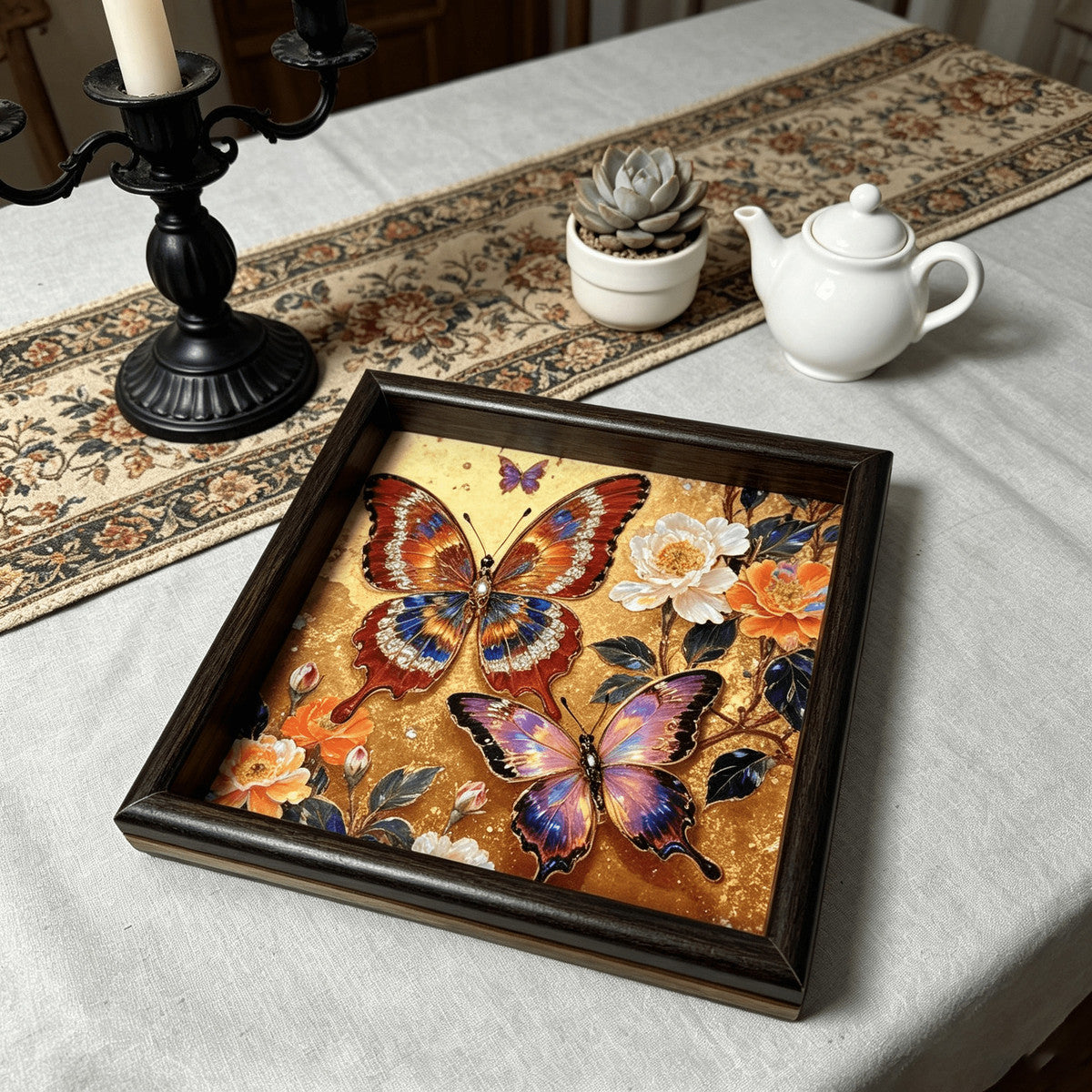 Golden Butterfly Tea Tray Set of 2 – Decorative Dry Tea Tray & Jewelry Organizer
