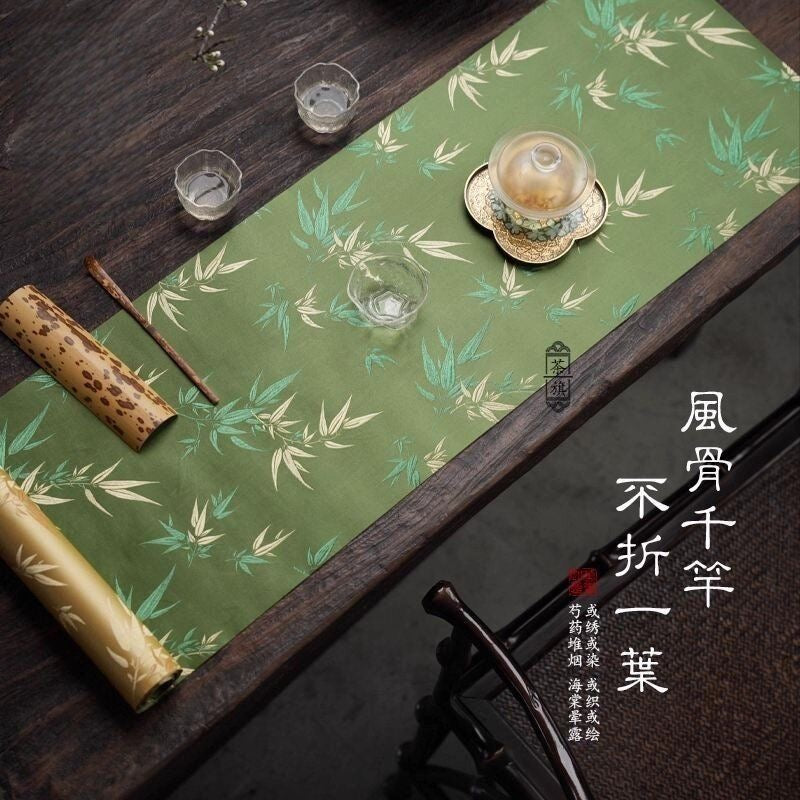 Chinese Double-Sided Brocade Bamboo Table Runner – Tea Ceremony Cloth | Green & Gold Bamboo (4 Sizes)