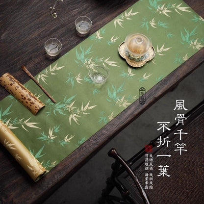 Chinese Double-Sided Brocade Bamboo Table Runner – Tea Ceremony Cloth | Green & Gold Bamboo (4 Sizes)