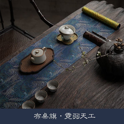 Chinese Double-Sided Brocade Peacock Feather Table Runner – Tea Ceremony Cloth | Blue & Gold (4 Sizes)
