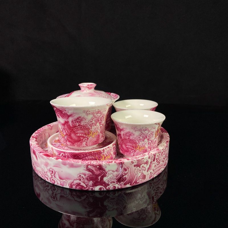 Jingdezhen Ruby Red Dragon Gongfu Tea Set – Gemstone Glaze Porcelain | 6-Piece