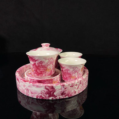 Jingdezhen Ruby Red Dragon Gongfu Tea Set – Gemstone Glaze Porcelain | 6-Piece
