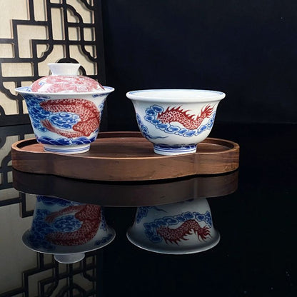 Jingdezhen Antique-Style Underglaze Red Twin Dragon Gongfu Tea Set – Vintage Porcelain | 5-Piece