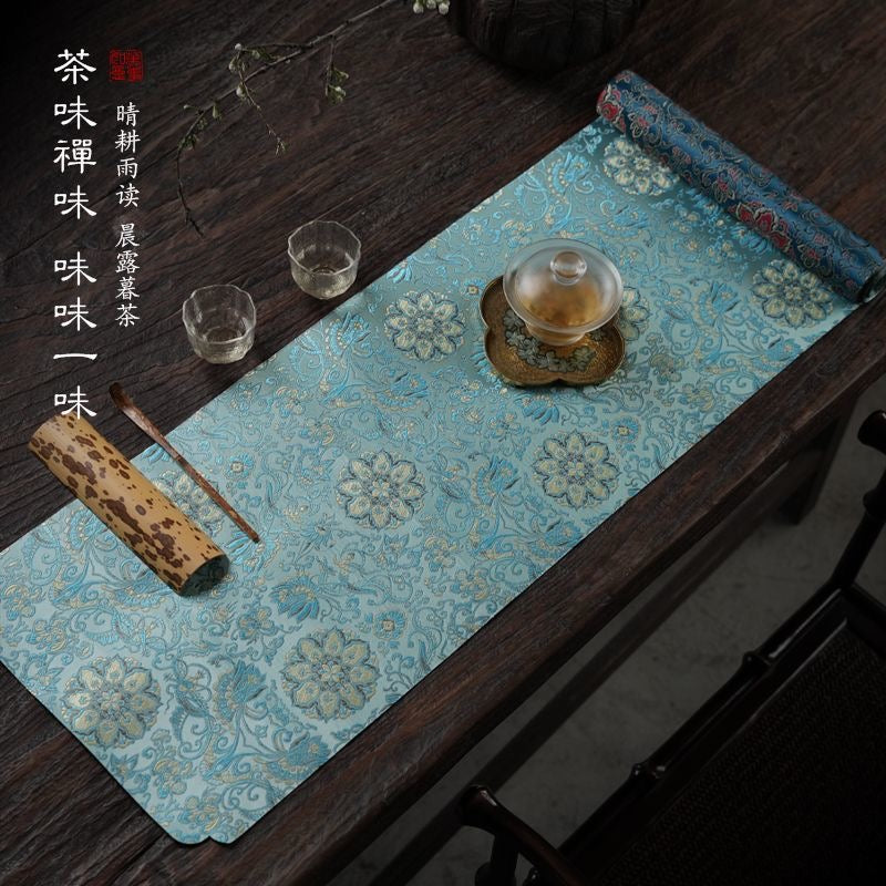 Chinese Double-Sided Brocade Lotus Table Runner – Tea Ceremony Cloth | Red & Blue Lotus on Blue (4 Sizes)
