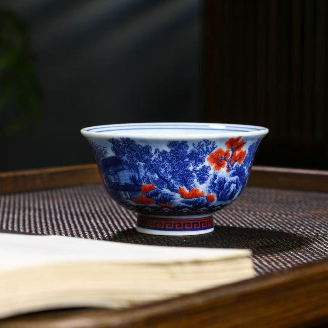 Jingdezhen Blue & White Underglaze Red Jiangnan Landscape Gongfu Tea Set – Master-Painted | Luxury Gift Box | 5-Piece