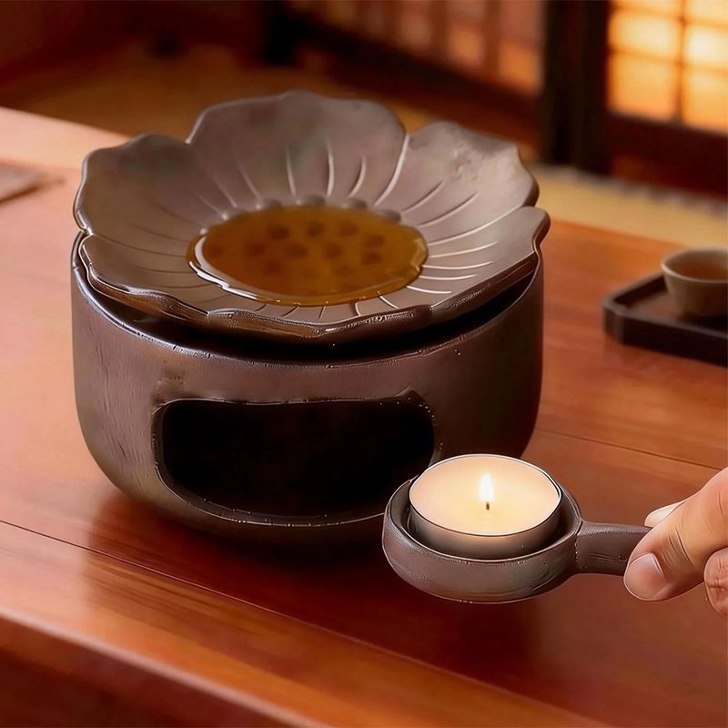 Tea Roasting & Incense Burner Set — Ceramic Dry-Heat Tea Warmer with Lotus Dish